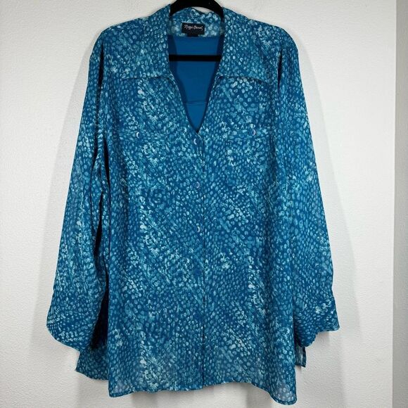 Maggie Barnes Button Down Blue Metallic Shirt Sheer Overlay Long Sleeve Size 2X - Picture 1 of 9